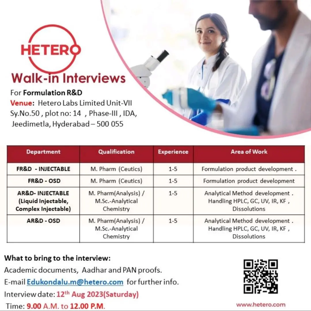 Hetero Pharma Job Vacancies in Hyderabad - Walk-in Interviews for Formulation R&D