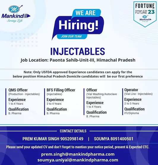 Mankind Pharma: Current Job Openings in the Injectable Division