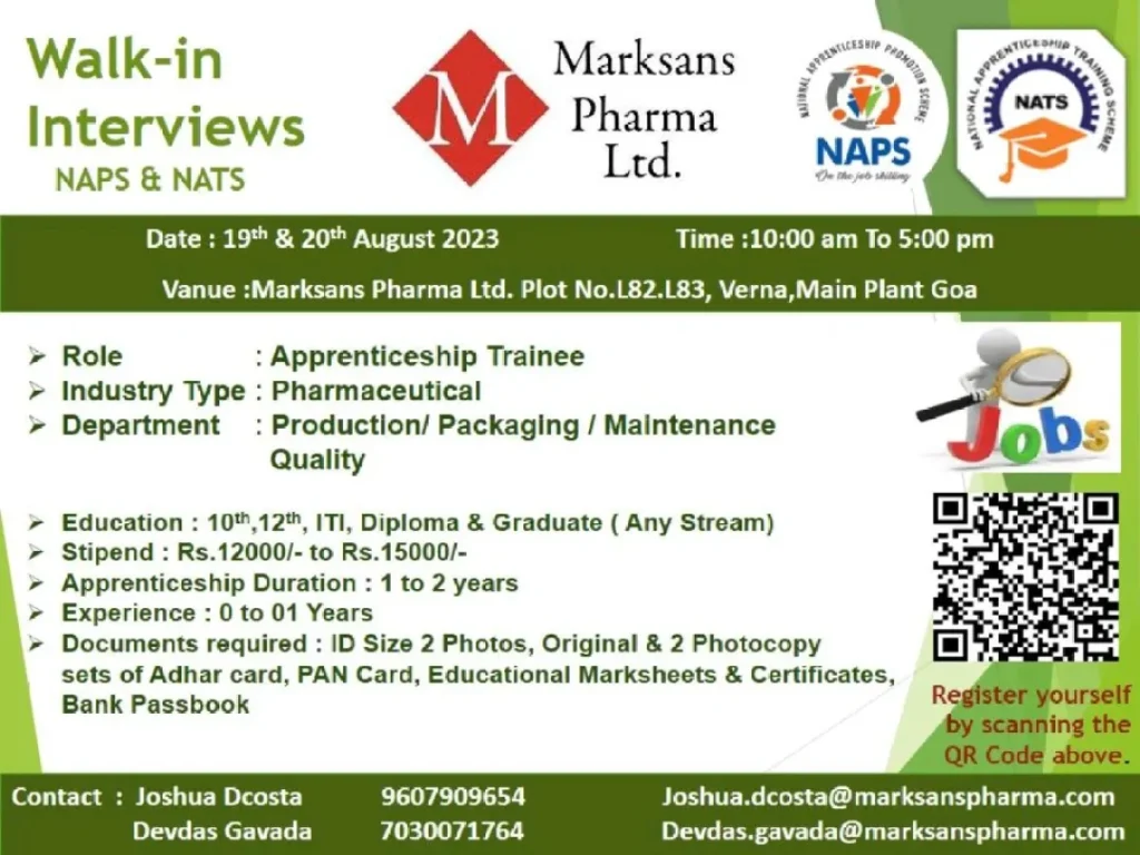 Walk-in Interviews for Apprenticeship Trainees at Marksans M Pharma Ltd.
