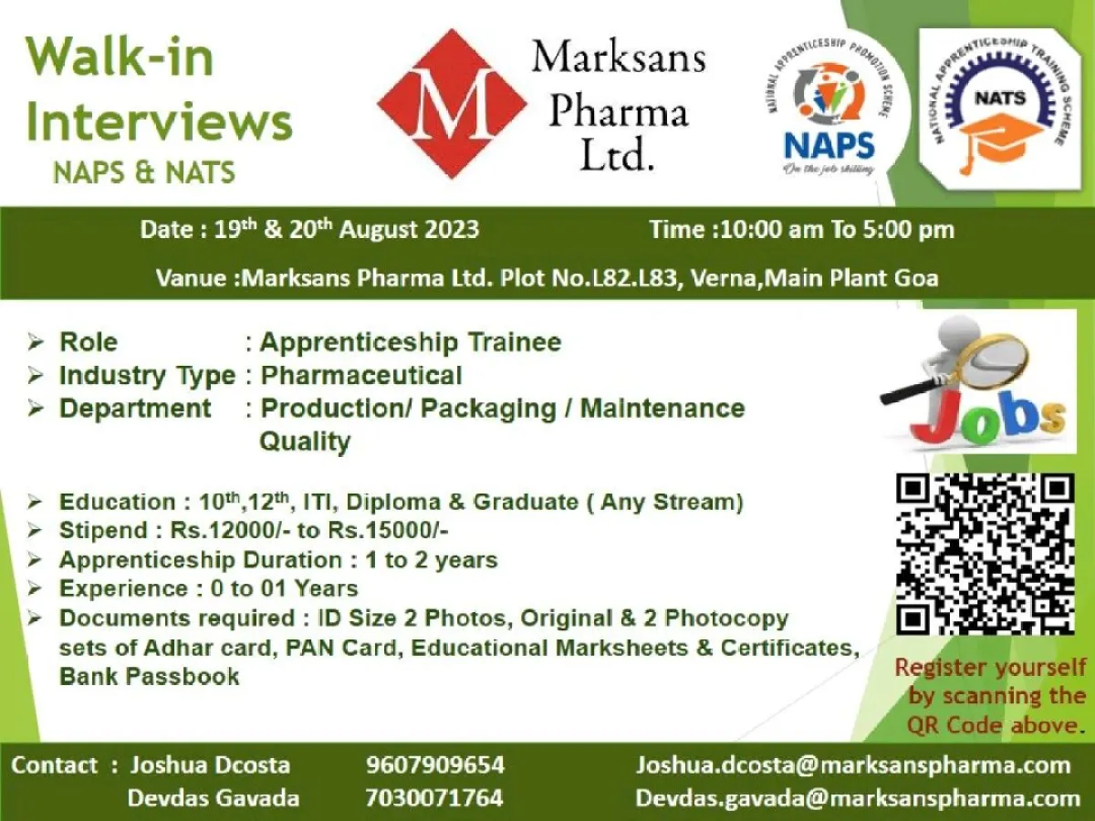 Walk-in Interviews for Apprenticeship Trainees at Marksans M Pharma Ltd.