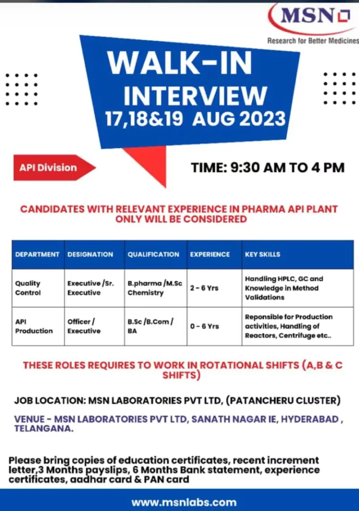 MSN Laboratories Walk-in Interview for Quality Control & Production freshers