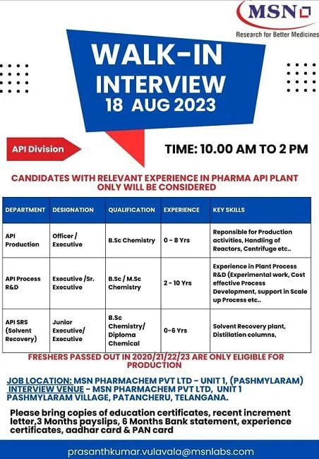 MSN Laboratories Walk-In Interview for fresher & experienced