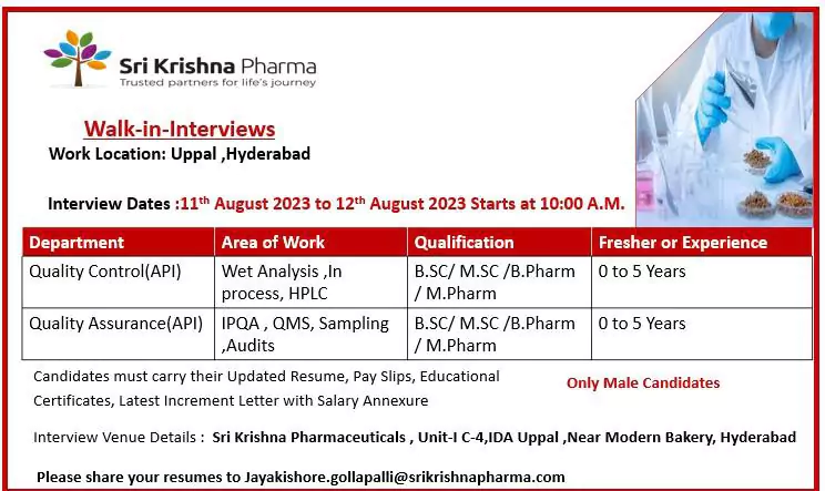 Sri Krishna Pharmaceuticals Pharma Job Vacancies in Hyderabad - Walk-in-Interviews
