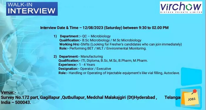 Job Vacancies at Virchow Biotech Pharma - Walk-In Interview QC Microbiology & Manufacturing