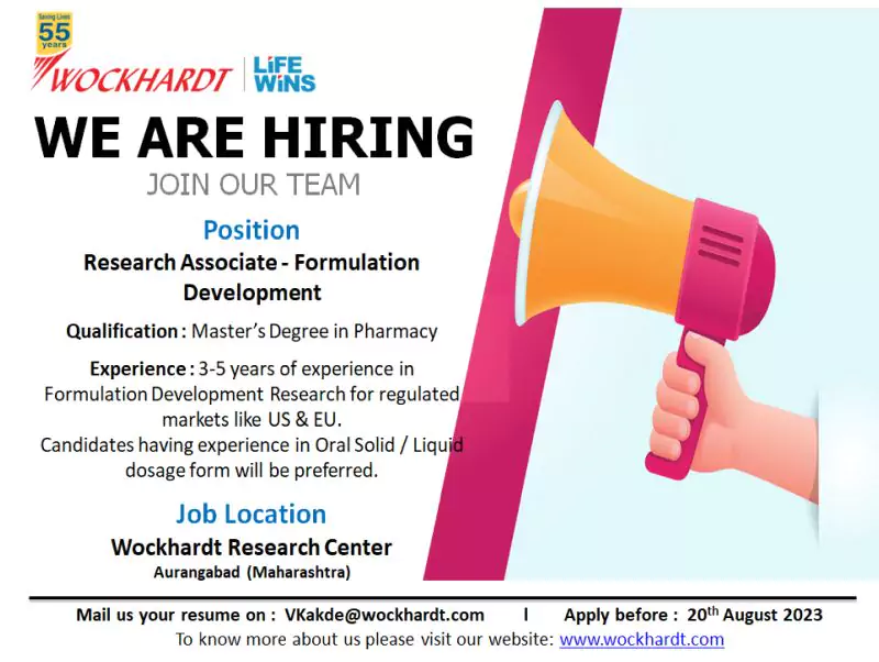 Join the Wockhardt Team: Research Associate - Formulation Development