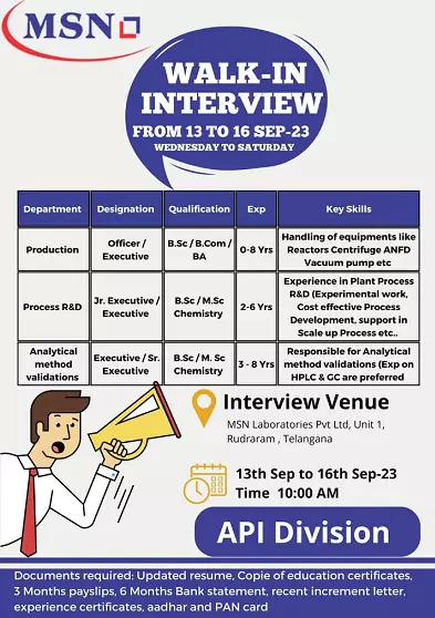 MSN laboratories walk in interview for multiple positions MSN Laboratories