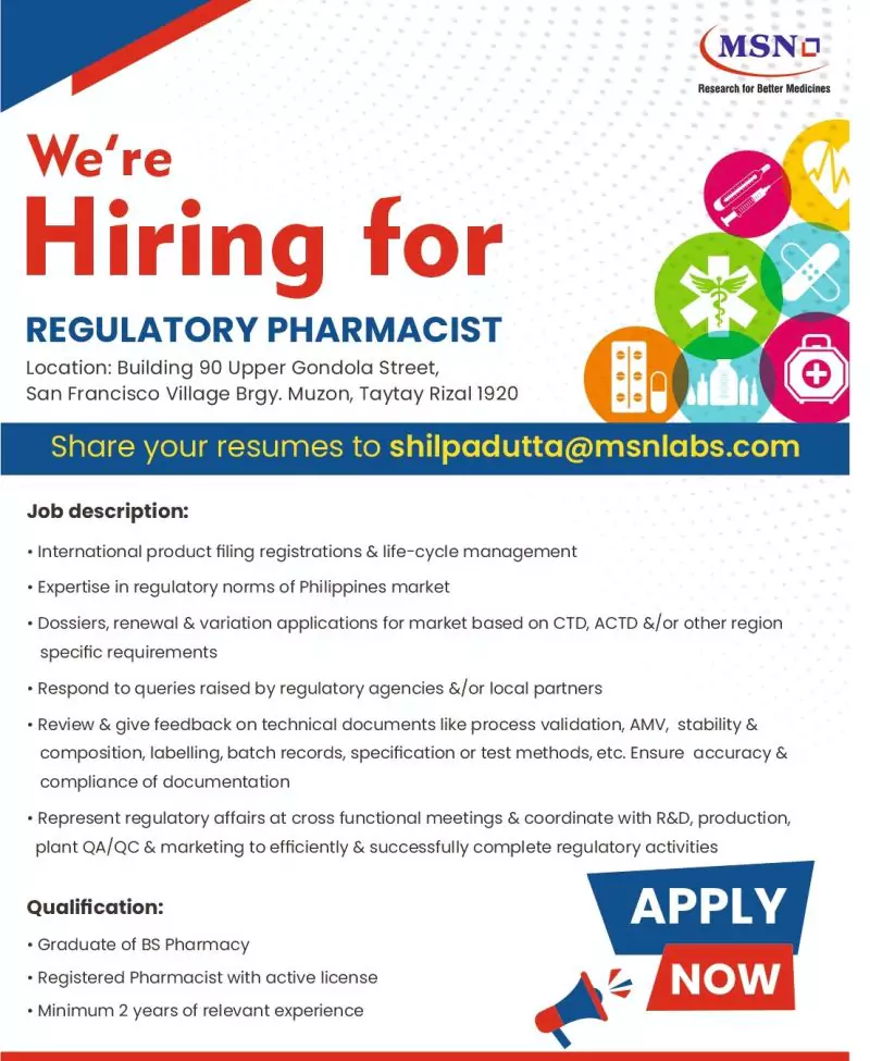 Regulatory Pharmacist opportunity in MSN Laboratories Philippines 1 Regulatory Pharmacist opportunity in MSN Laboratories Philippines