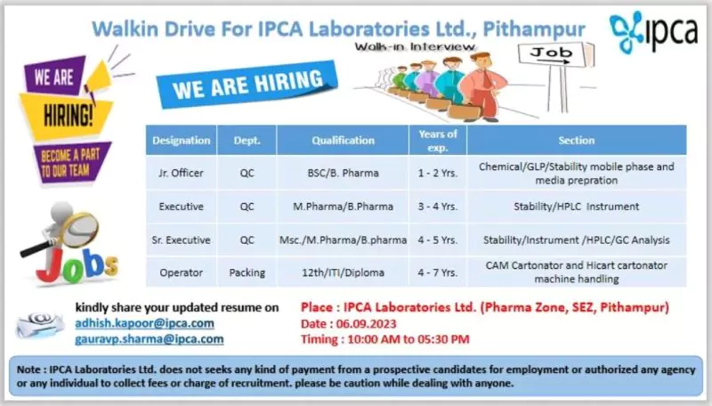 Walk-in Drive for IPCA Laboratories Ltd., Pithampur - Hiring advertisement
