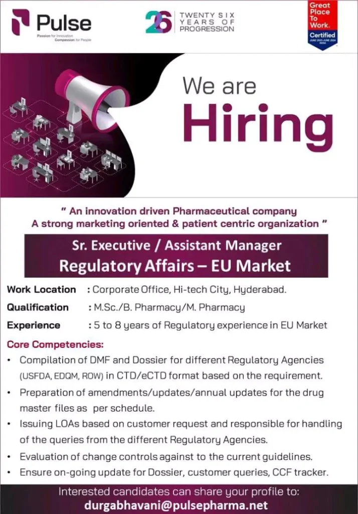 Regulatory Affairs Senior Executive / Assistant Manager - Hyderabad