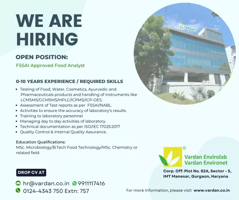 Fresher FSSAI Approved Food Analyst Jobs - Vardan Envirolab