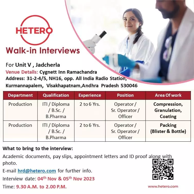 HETERO Pharma Walk-In Interviews in Vizag for Unit V, Jadcherla