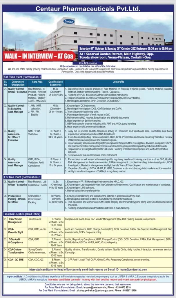 Join Centaur Pharmaceuticals - Pharma Jobs in Pune, Goa, and Mumbai"