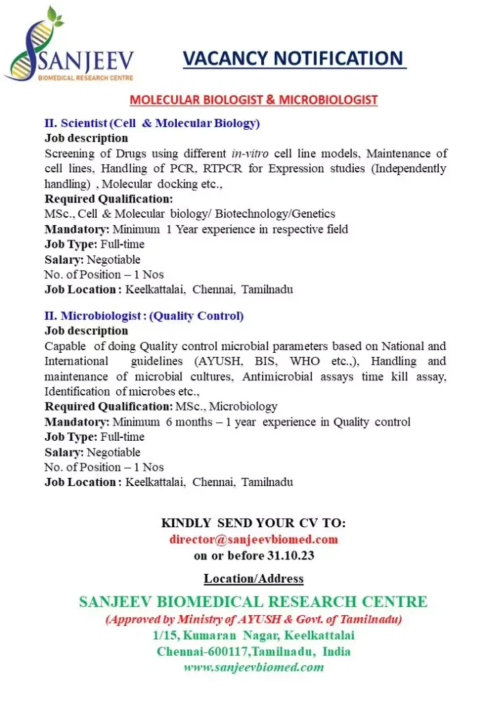 Sanjeev Biomedical Research Centre Jobs Molecular Biology and Microbiology