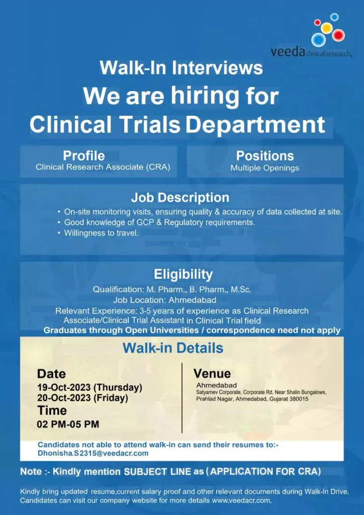 Walk-In Interview for Clinical Research Associate at Veeda Clinical Research Ltd.