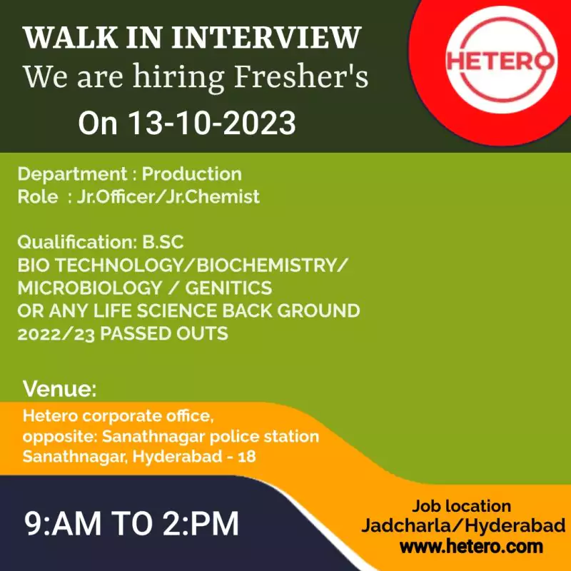 Walk-in Interview for Junior Officer and Junior Chemist (Production) at Hetero - Fresh Graduates Welcome