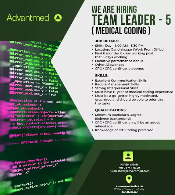 Team Leader (Medical Coding) Opportunity at Advantmed - Apply Now