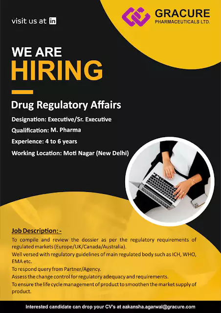 Executive/Sr. Executive - Drug Regulatory Affairs at Gracure Pharmaceuticals Ltd