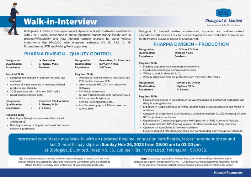 Biological E Ltd in Quality Control and Production.