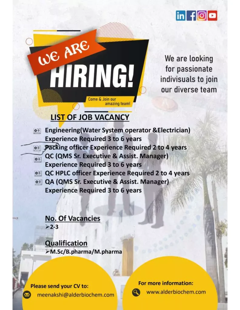 Alder Biochem Job Vacancies Apply for Engineering, QC, QA Positions