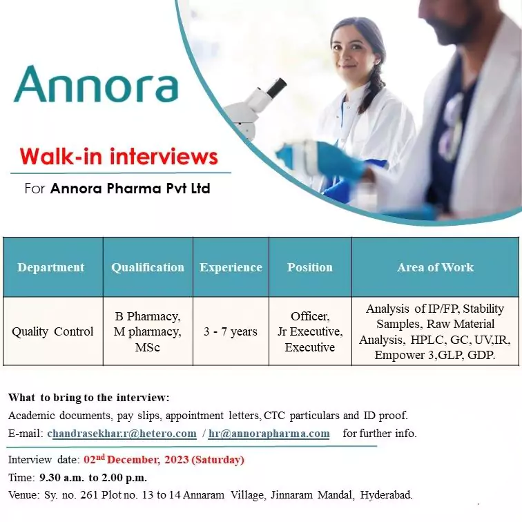 Annora Pharma Walk-in Interviews Hyderabad Quality Control