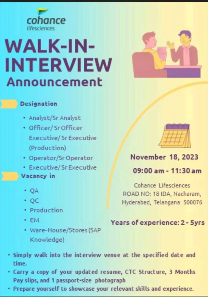 Cohance Lifesciences Job Openings Walk-in Interview in Hyderabad