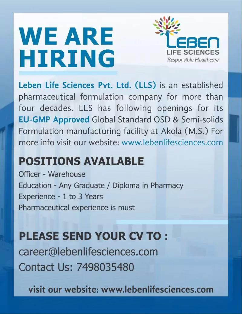 D Pharmacy Job Openings at Leben Lifesciences 2 D Pharmacy Job Openings at Leben Lifesciences