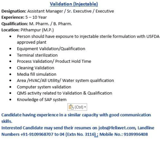 Felix gegerics hiring QA Validation (Injectable) Assistant Manager Sr. Executive Executive