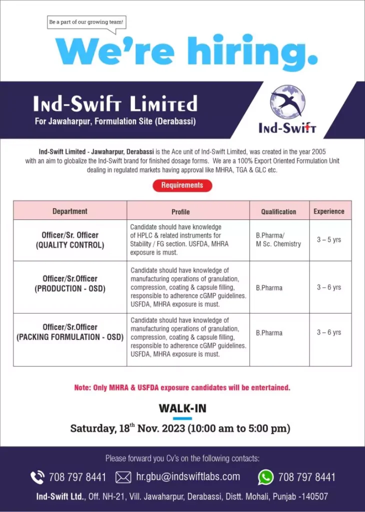 Ind-Swift Limited's Walk-in Interview for QC, Production, and Packing Roles