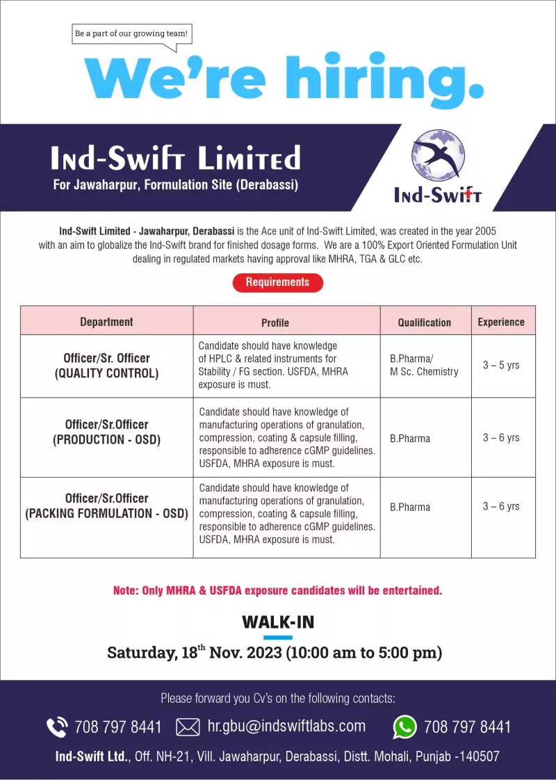  Ind-Swift Limited's Walk-in Interview for QC, Production, and Packing Roles
