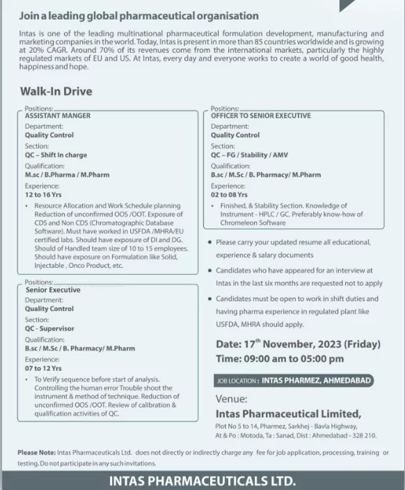 Intas Pharmaceuticals Hiring Quality Control Professionals