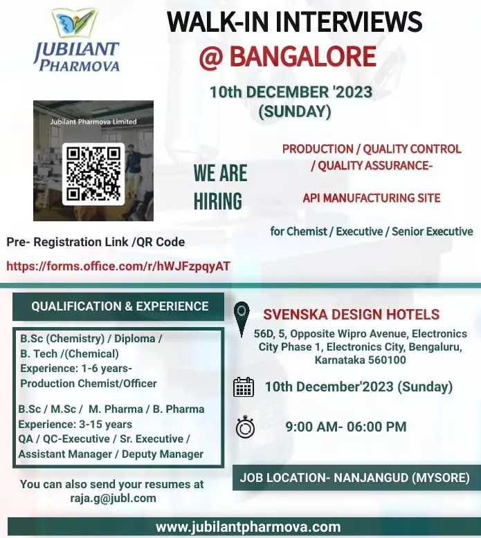 Jubilant Pharmova Walk-in Drive Bangalore Production, QAQC