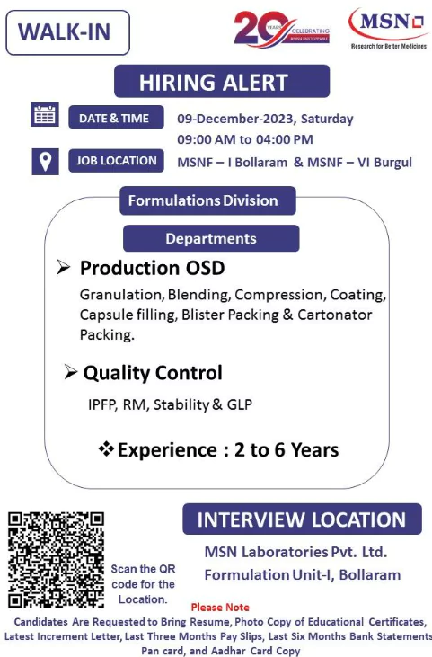 MSN Laboratories Hyderabad Immediate Openings in Production and QC Departments