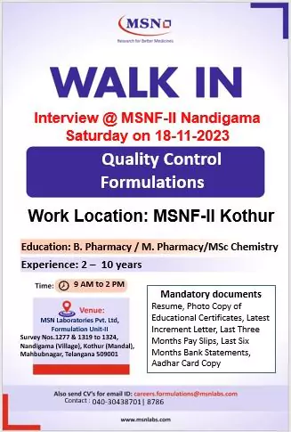 MSN Laboratories Walk-In Interview Explore Exciting Opportunities for QC Professionals