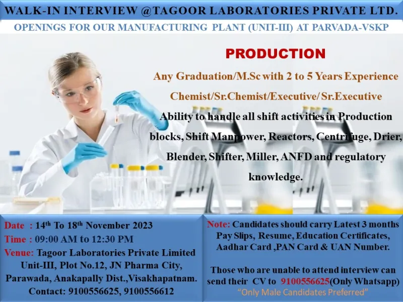 "Production Professionals Wanted! Join Tagoor Laboratories for a Walk-In Interview in Vizag