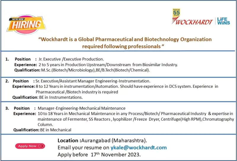 WOCKHARDT Biotech Careers Production or Engineering Professional!