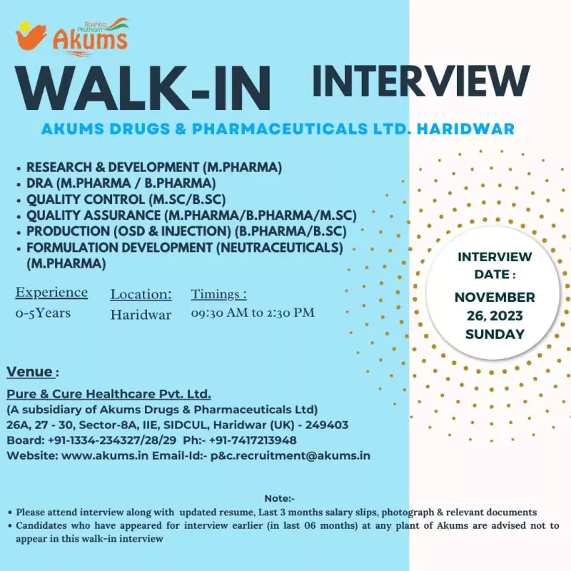 Akums Drugs & Pharmaceuticals walk in for fresher & Exp.