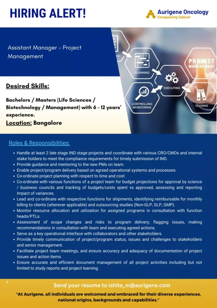 aurigene oncology hiring for project management professionals