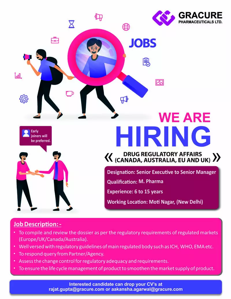 executive sr executive to manager drug regulatory affairs at gracure pharmaceuticals ltd