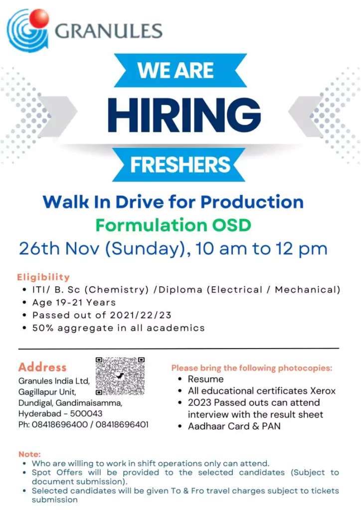 Granules India Pharma Hiring Drive