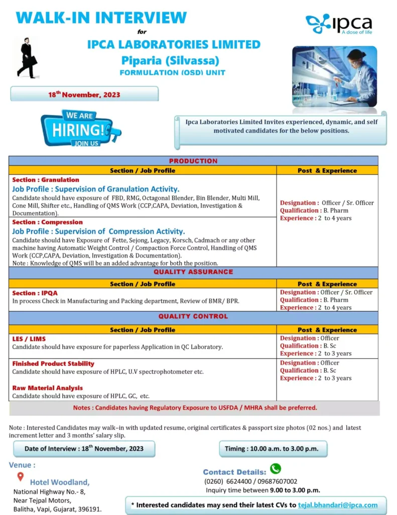 ipca laboratories job vacancies silvassa