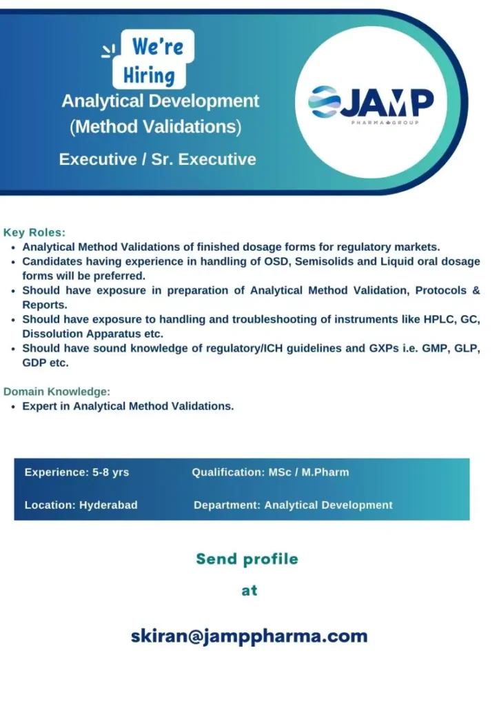 Jamp Pharma Hiring Alert: Analytical Development Executives/Sr. Executives