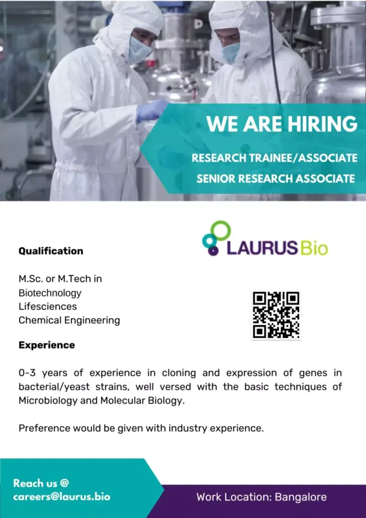 LAURUS Biotech fresher jobs: Research Trainee/Associate Senior Research Associate