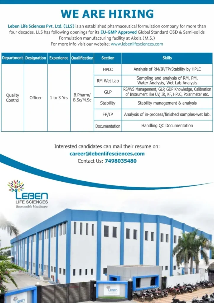 Quality Control Officer Positions Open at Leben Life Sciences