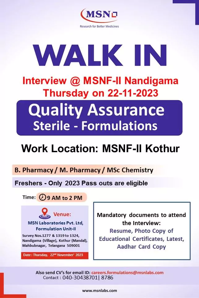 Fresher pharma jobs in hyderabad: MSN Laboratories