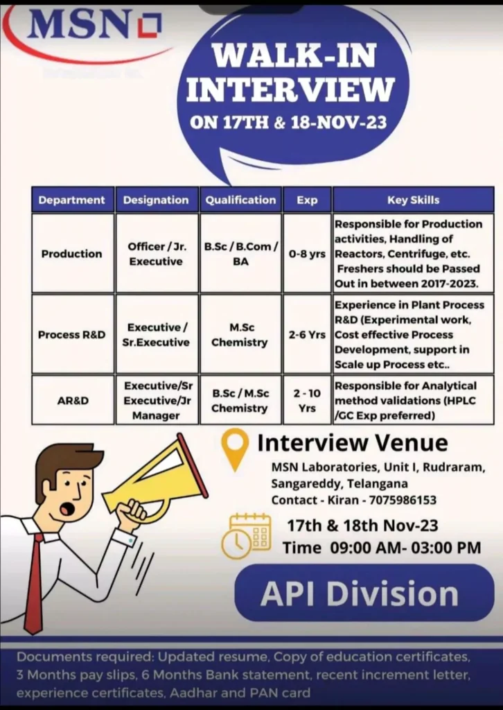 MSN Laboratories: Walk-In for Multiple Positions