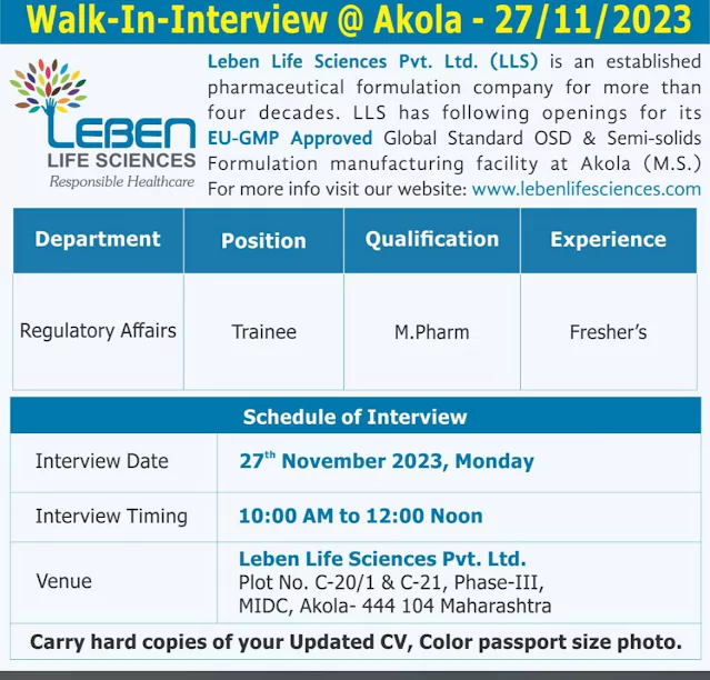 Regulatory affairs fresher Fresher M Pharm job vacancies