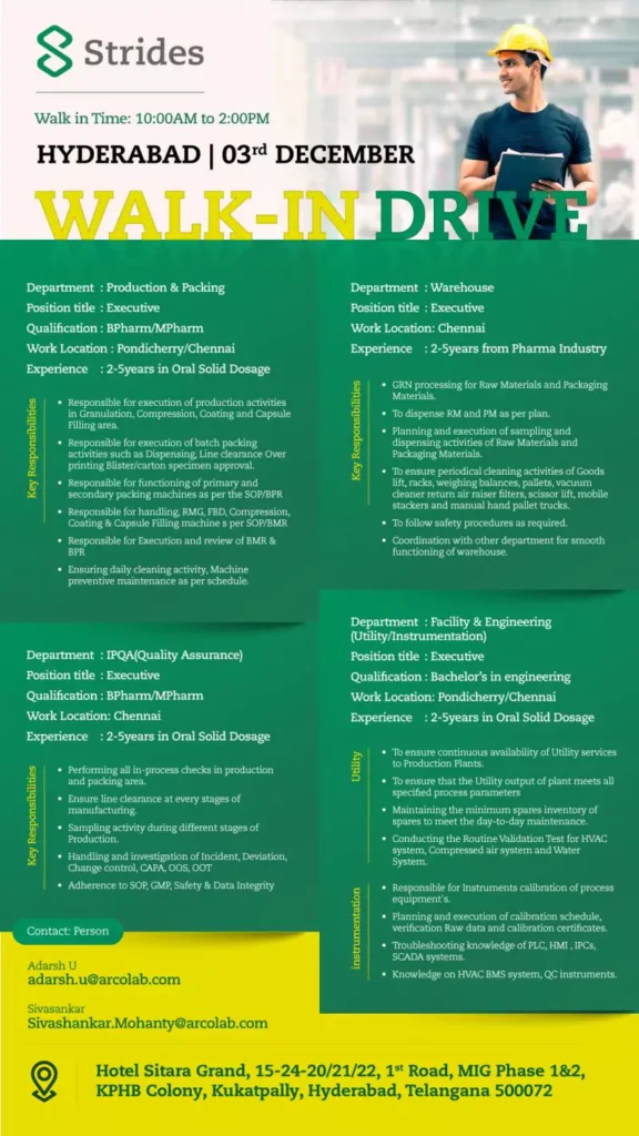 Strides Pharma Walk-in Drive Explore Career Opportunities in Production, Warehouse, QA, and Engineering