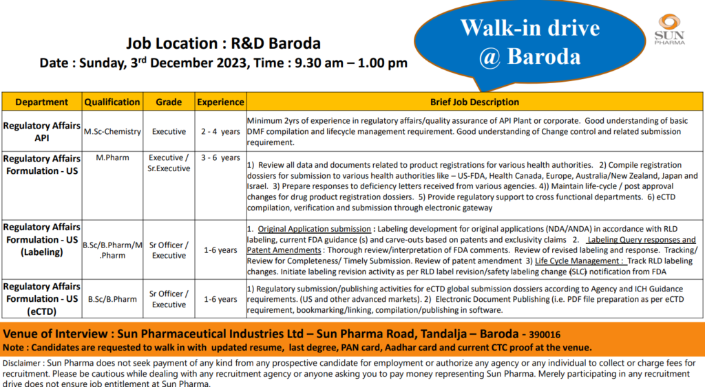 sun pharma regulatory affairs job vacancies