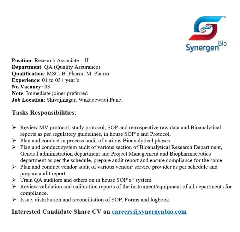 Jobs for MSC, B. Pharm, M. Pharm as QA Research Associate at Synergen Bio