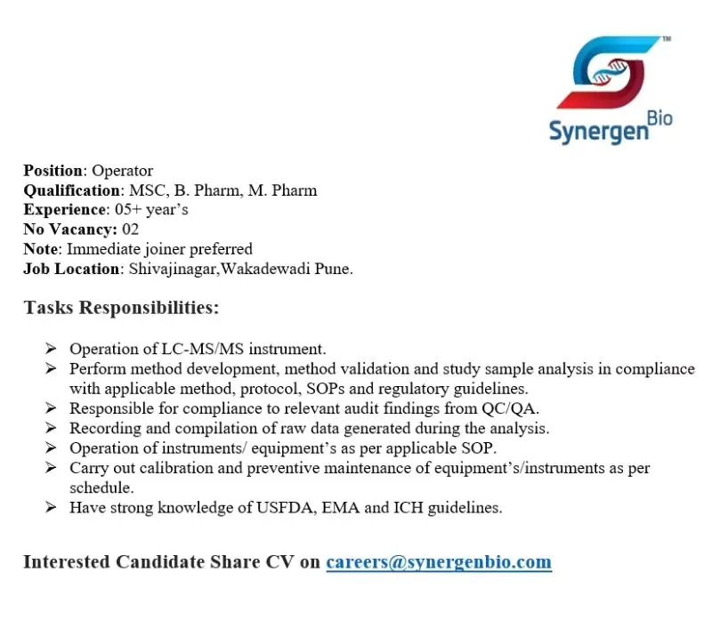 Synergen Bio Seeks LCMS Instrument Operators in Pune